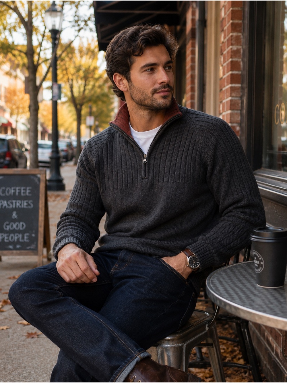 Columbia 100% Cotton Quarter Zip Sweater XL Charcoal Heavy Knit Mock Neck